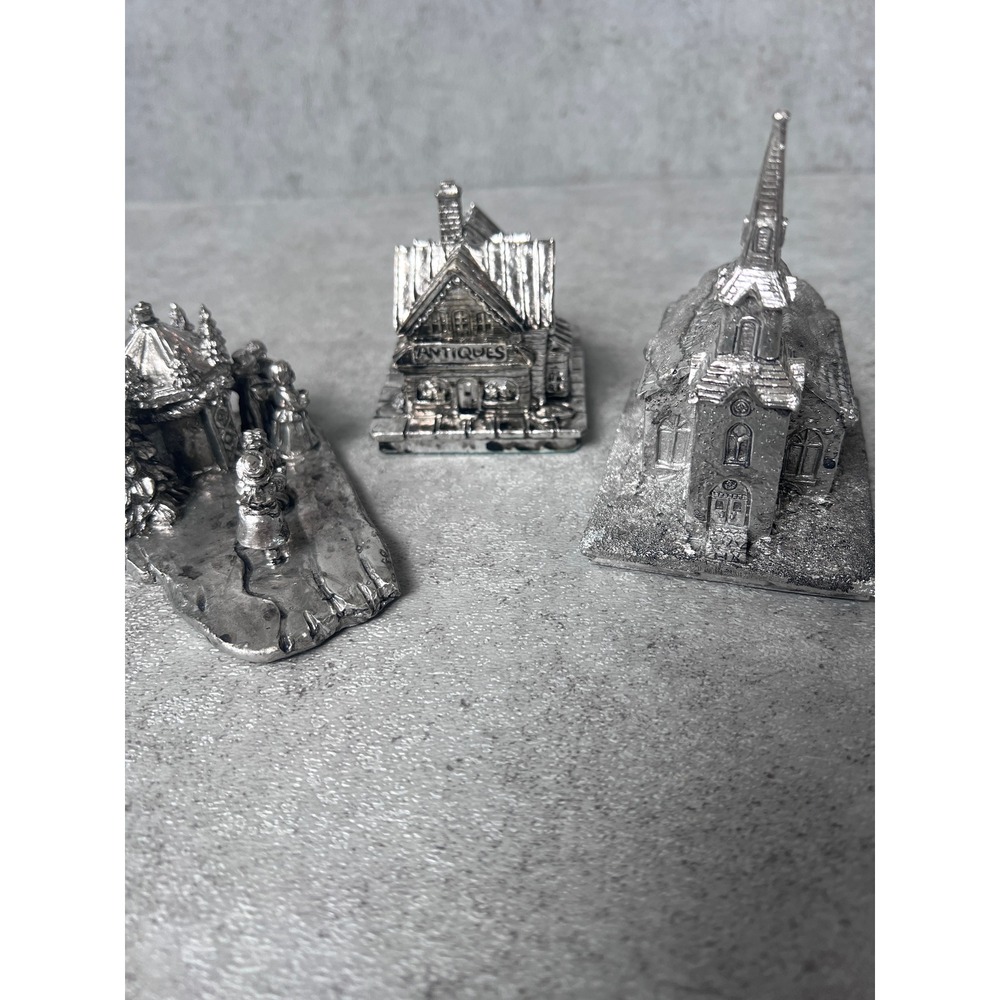 Dandelion Pewter Village Set 3pc Silver Miniatures Antique Shop Church Villagers